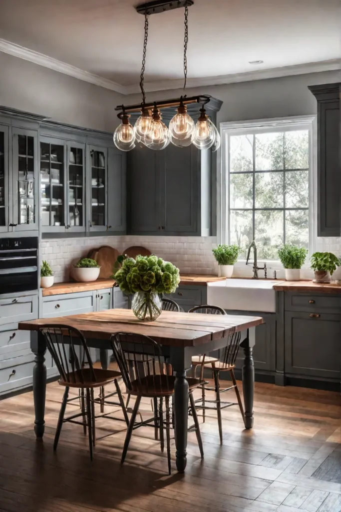 Farmhouse kitchen with layered lighting highlighting rustic charm and functionality