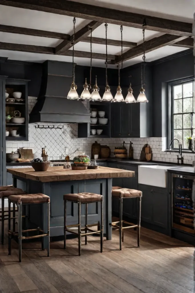 Farmhouse kitchen with vintagestyle pendant lights over a wooden island exuding rustic charm