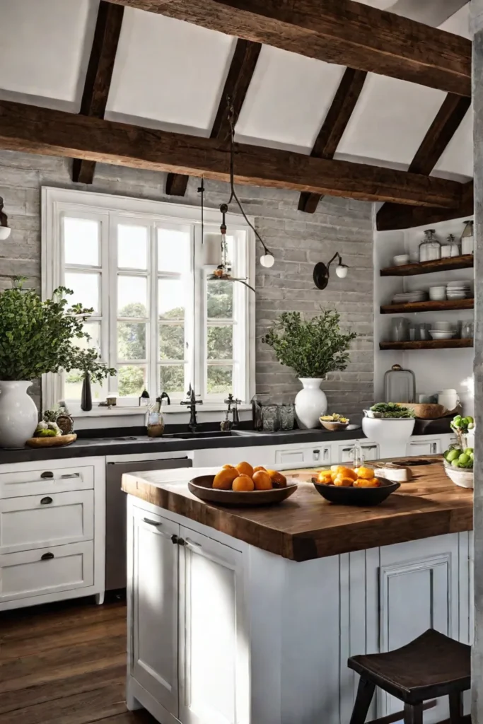 Farmhouseinspired luxury kitchen with rustic wood beams and large sink