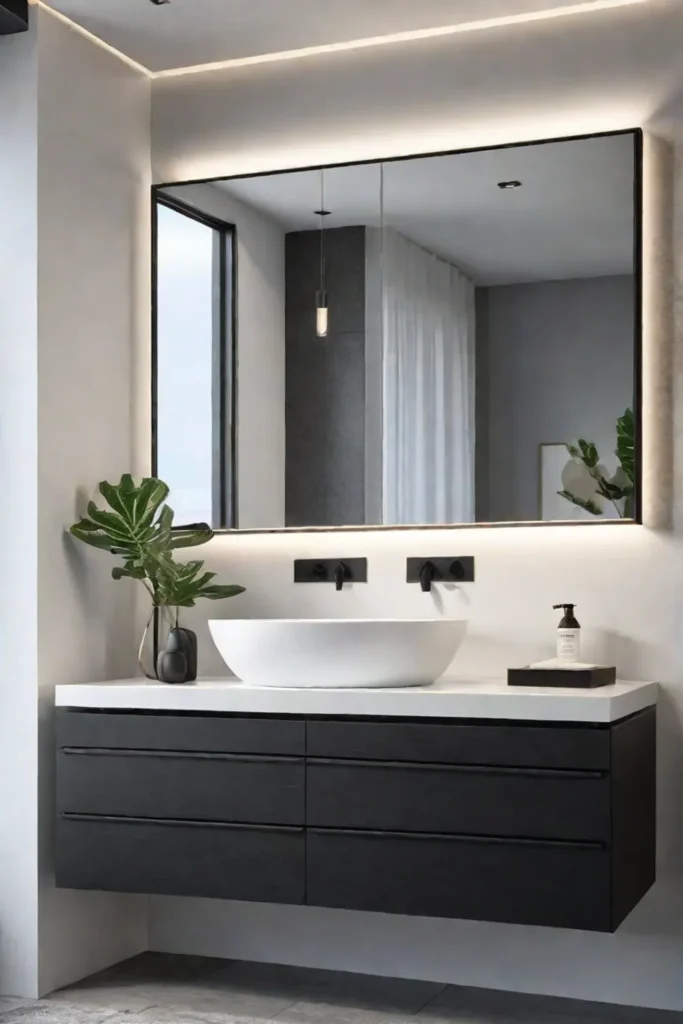 Floating black bathroom vanity with minimalist design