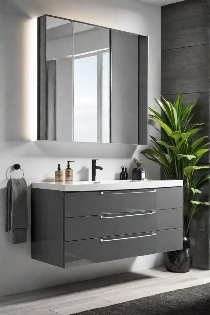 Floating gray bathroom vanity with spacious drawers