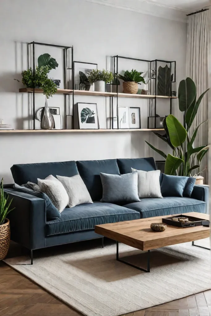 Floating shelves with books and decor in minimalist living room