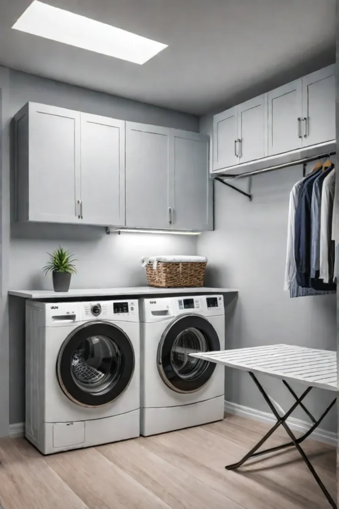 Folding table with builtin storage in laundry room for space optimization