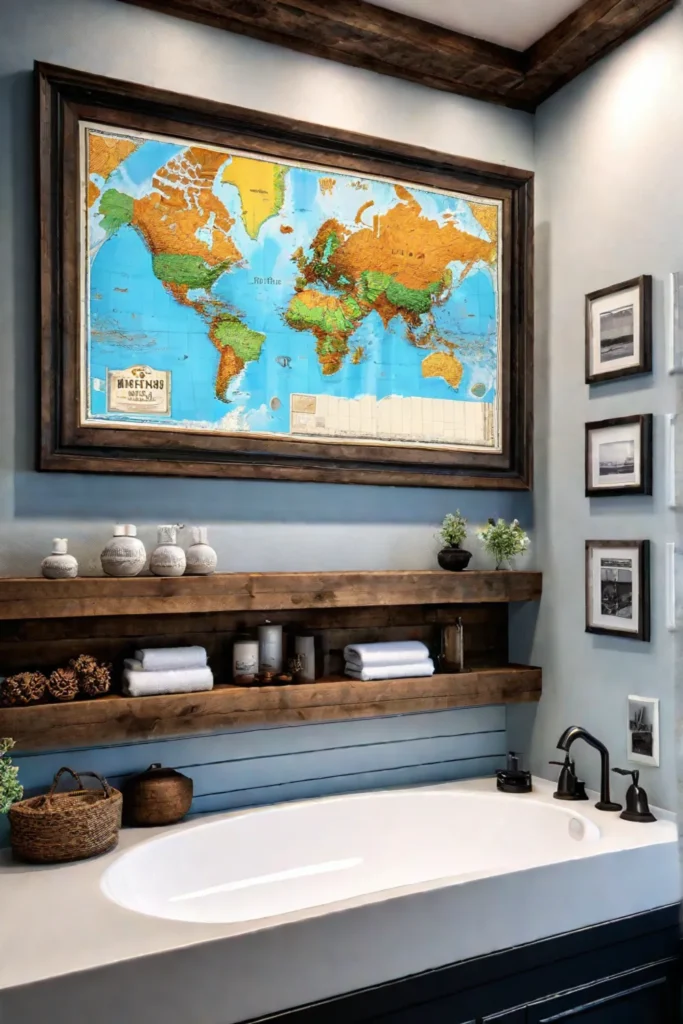 Framed vintage map in a farmhousestyle bathroom