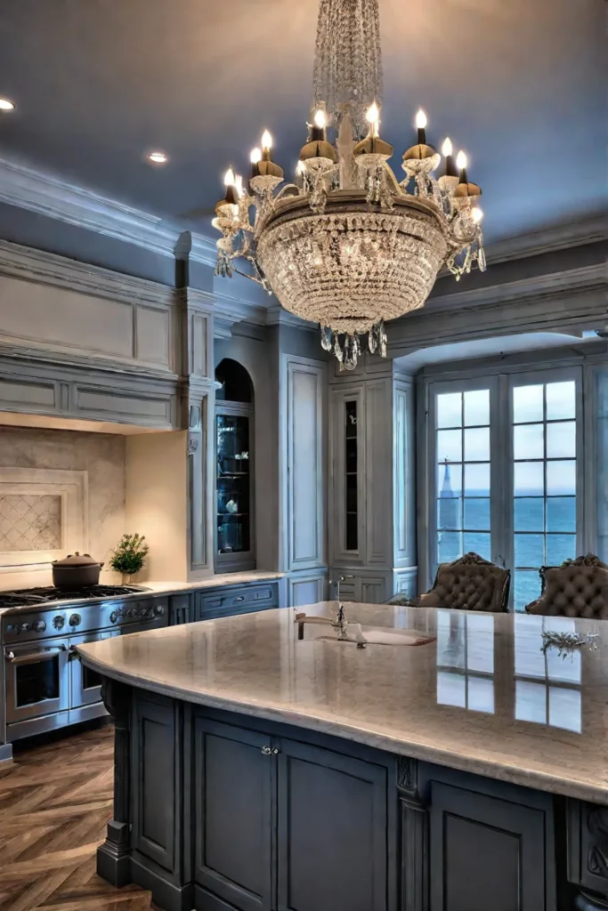 French country kitchen with chandelier and undercabinet lighting