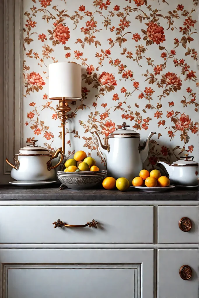 French country kitchen with cream cabinets open shelving and floral wallpaper