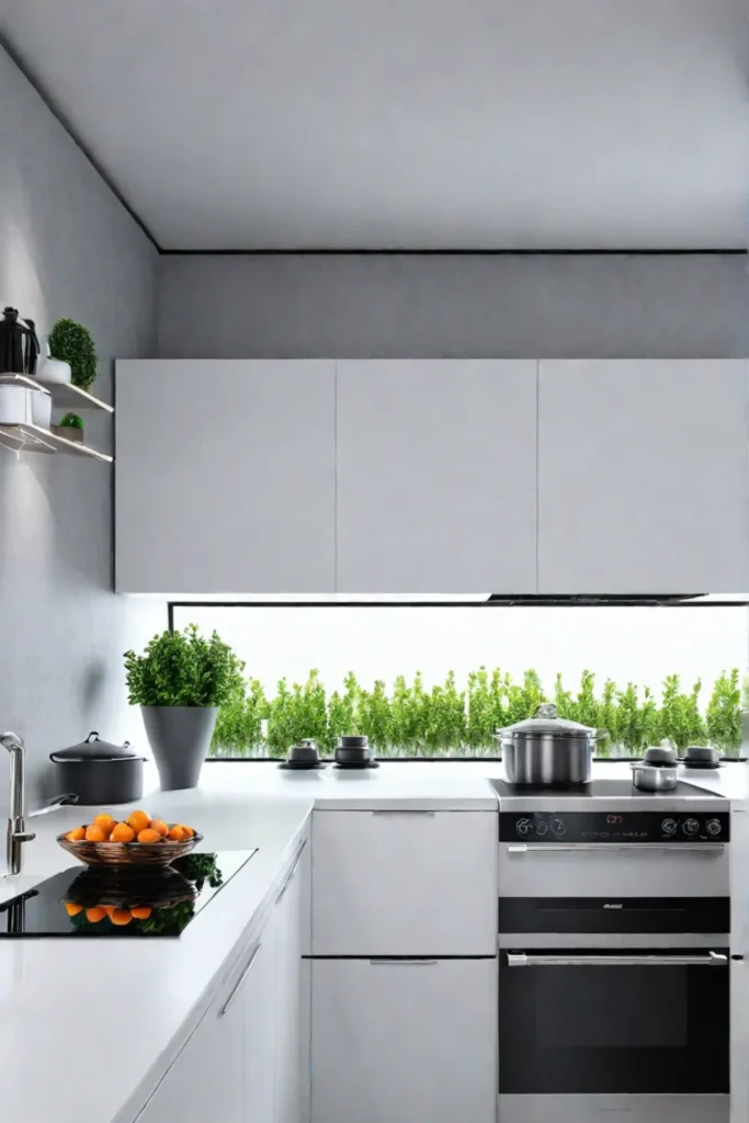 Futuristic kitchen with advanced appliances and robotic chef assistant