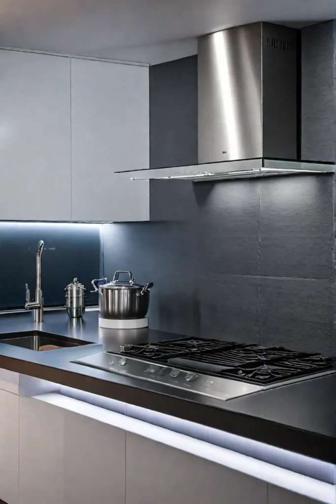 Futuristic kitchen with stainless steel countertop and backsplash