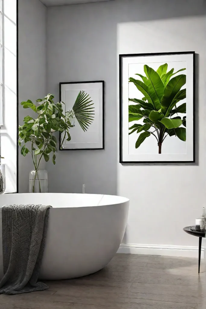 Gallery wall of botanical prints in a small bathroom