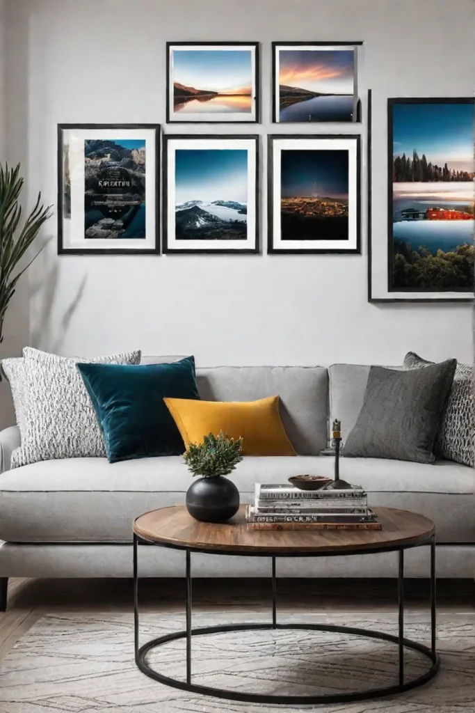 Gallery wall with framed artwork in living room