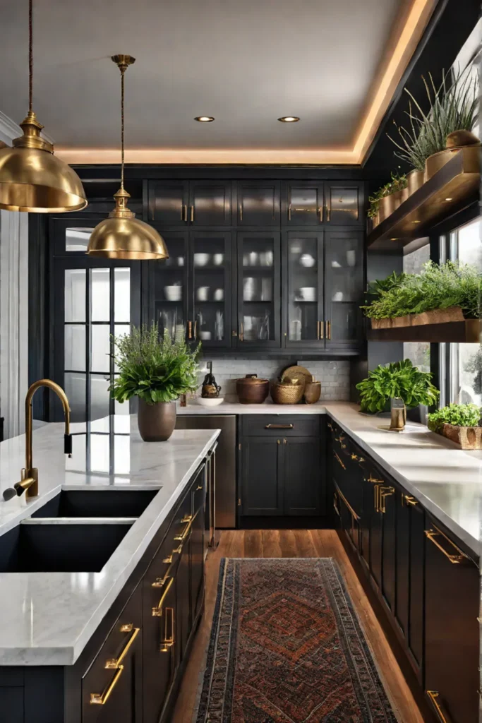 Galley kitchen with dark wood cabinets open shelving and a rolling cart