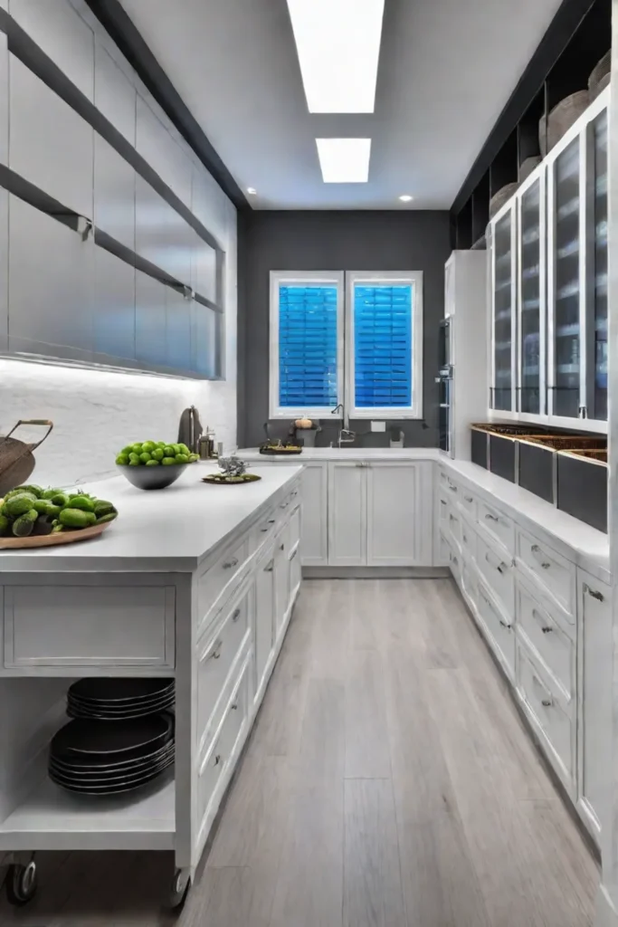 Galley kitchen with spacesaving solutions and white walls