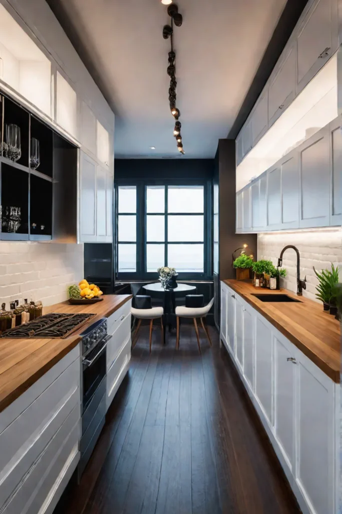 Galley kitchen with track lighting for optimal illumination in a narrow space