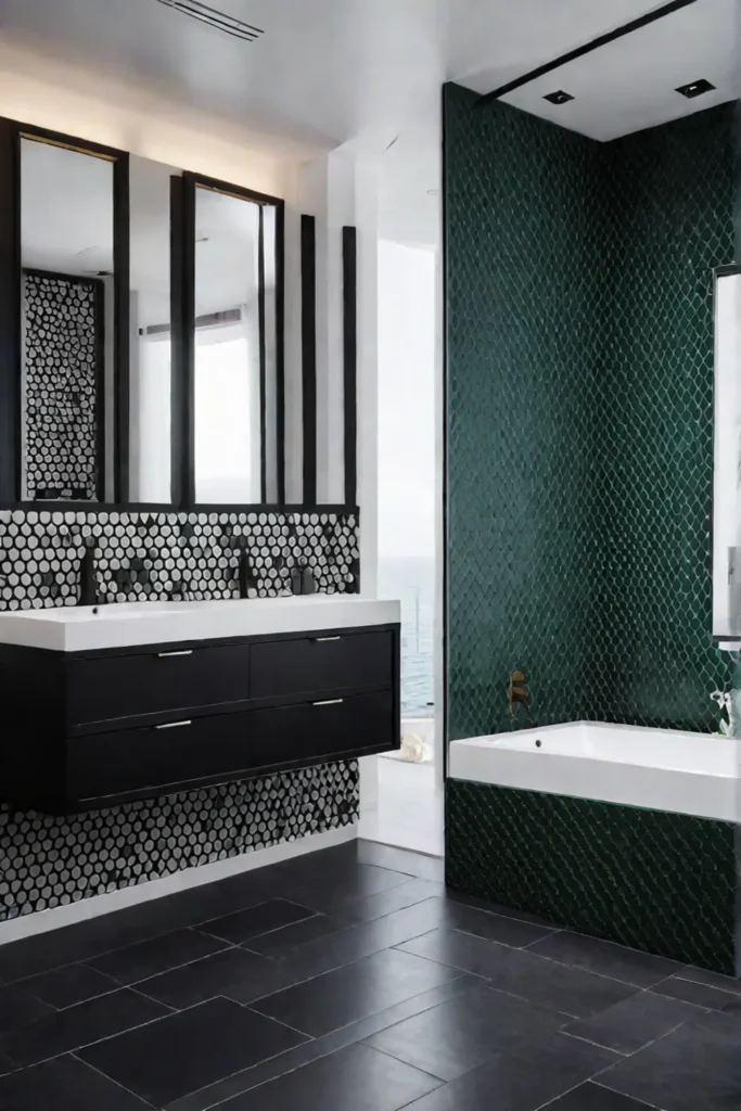 Geometric bathroom with hexagonal tiles and patterned wallpaper