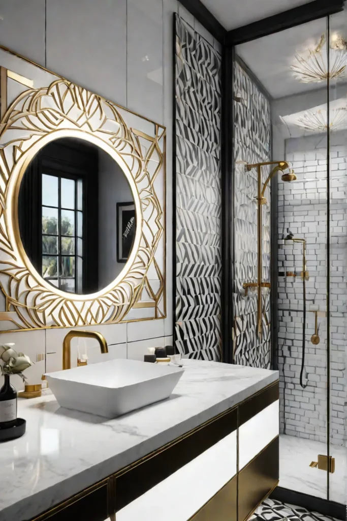 Geometric brass wall art in an Art Decoinspired bathroom