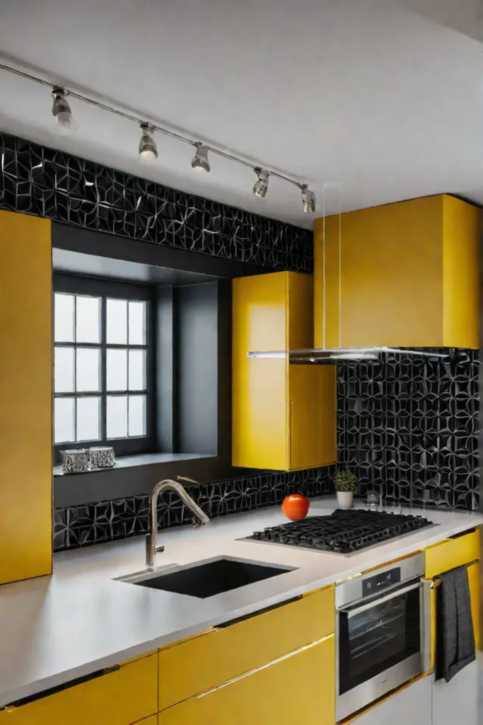 Geometric patterned backsplash in colorful kitchen