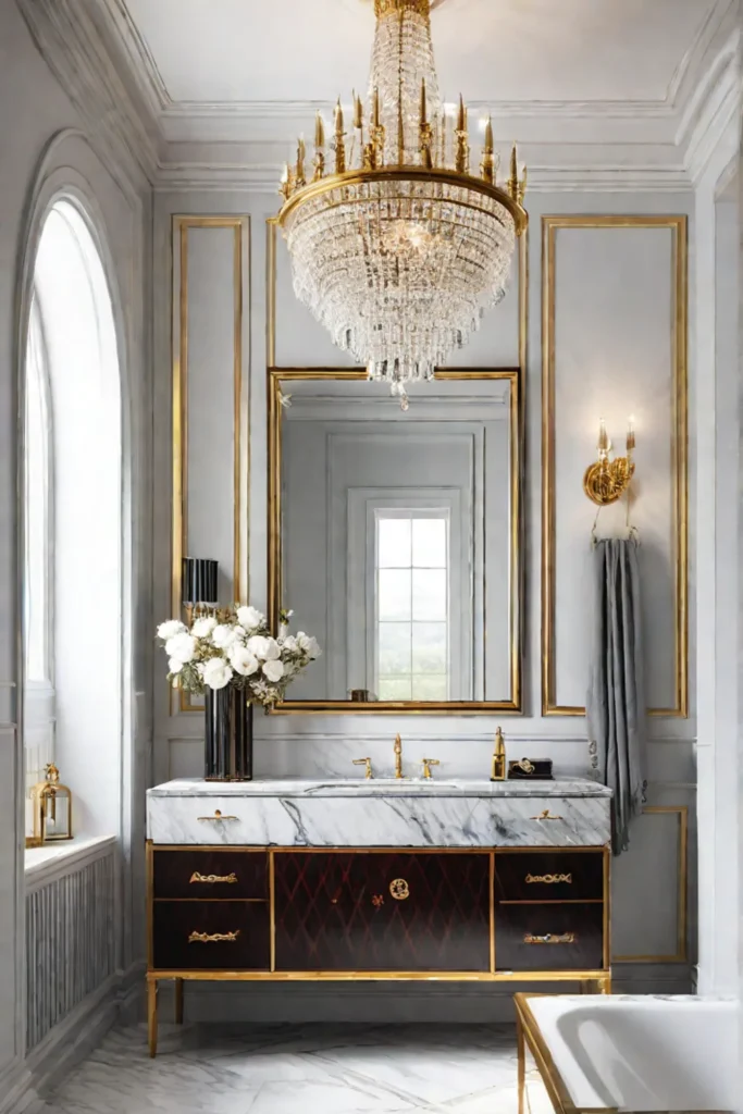 Glam bathroom with gold fixtures and crystal chandelier