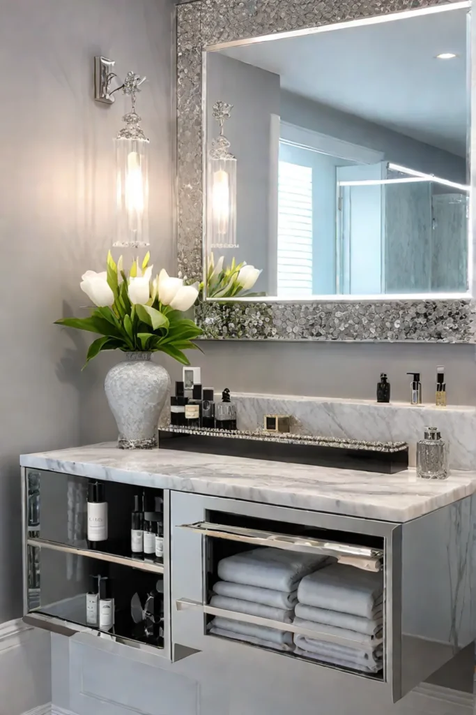Glamorous bathroom with mirrored vanity tray