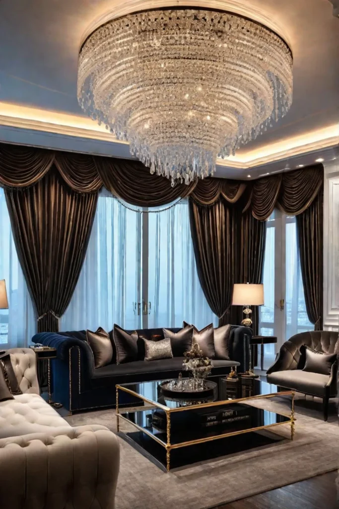 Glamorous living room with crystal chandeliers and metallic accents