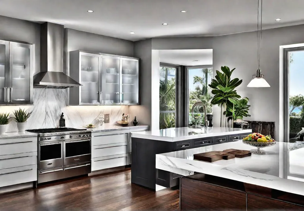 Gleaming hardwood flooring in a modern kitchen complementing sleek cabinetry and stainlessfeat