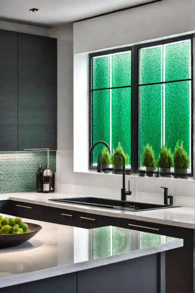 Green glass backsplash reflecting garden view