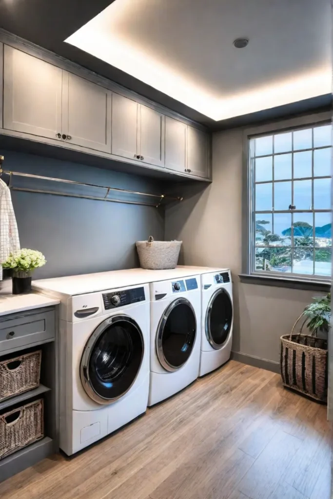 Hanging rod and shelves above laundry appliances for easy storage