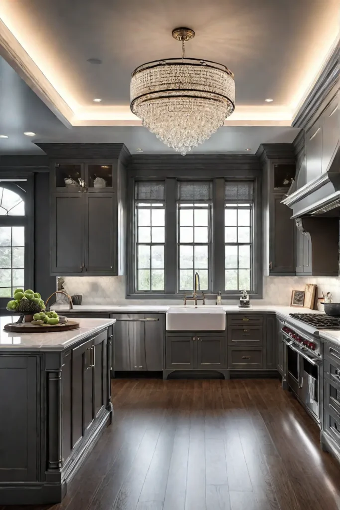 Highend kitchen with a mix of chandelier recessed and undercabinet lighting for a luxurious ambiance