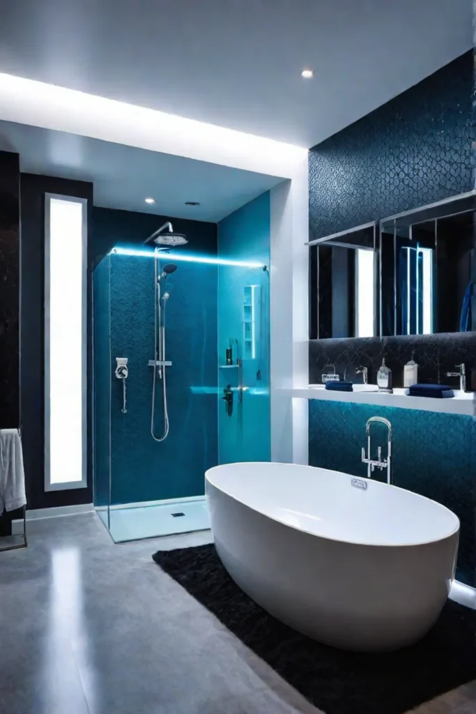 Hightech bathroom with a touchless faucet a voiceactivated mirror a smart shower