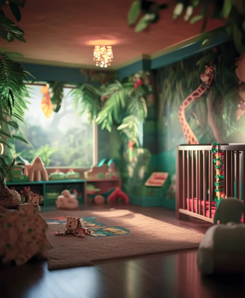Immersive playroom design with greenery and animal prints