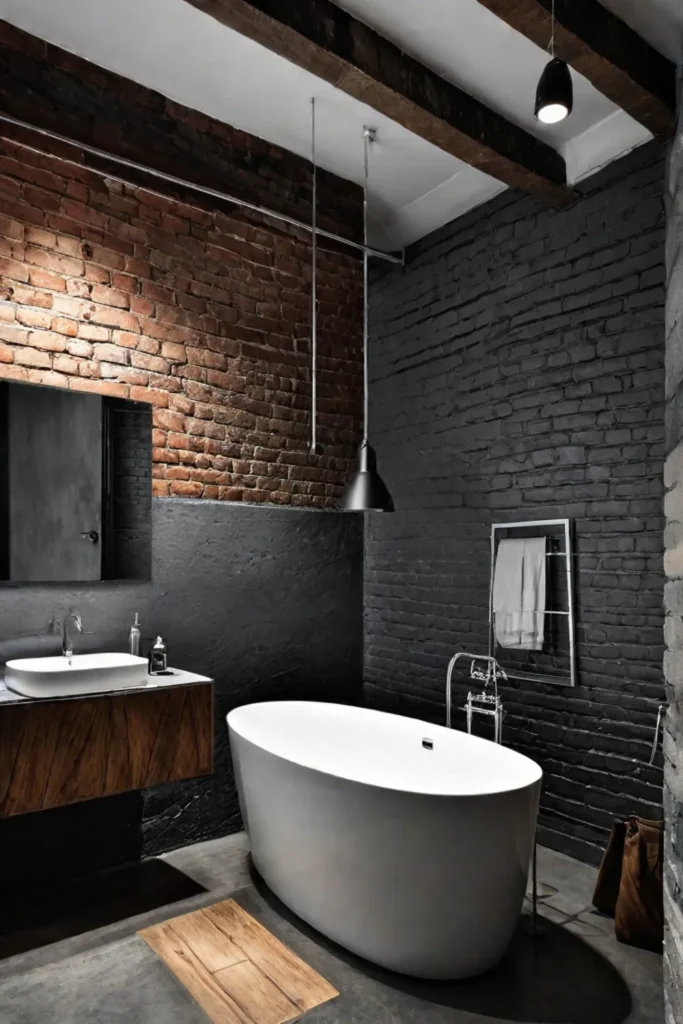 Industrial bathroom with exposed brick walls and metal fixtures