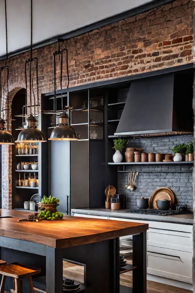 Industrial kitchen with Edison bulb pendant lights and track lighting highlighting exposed