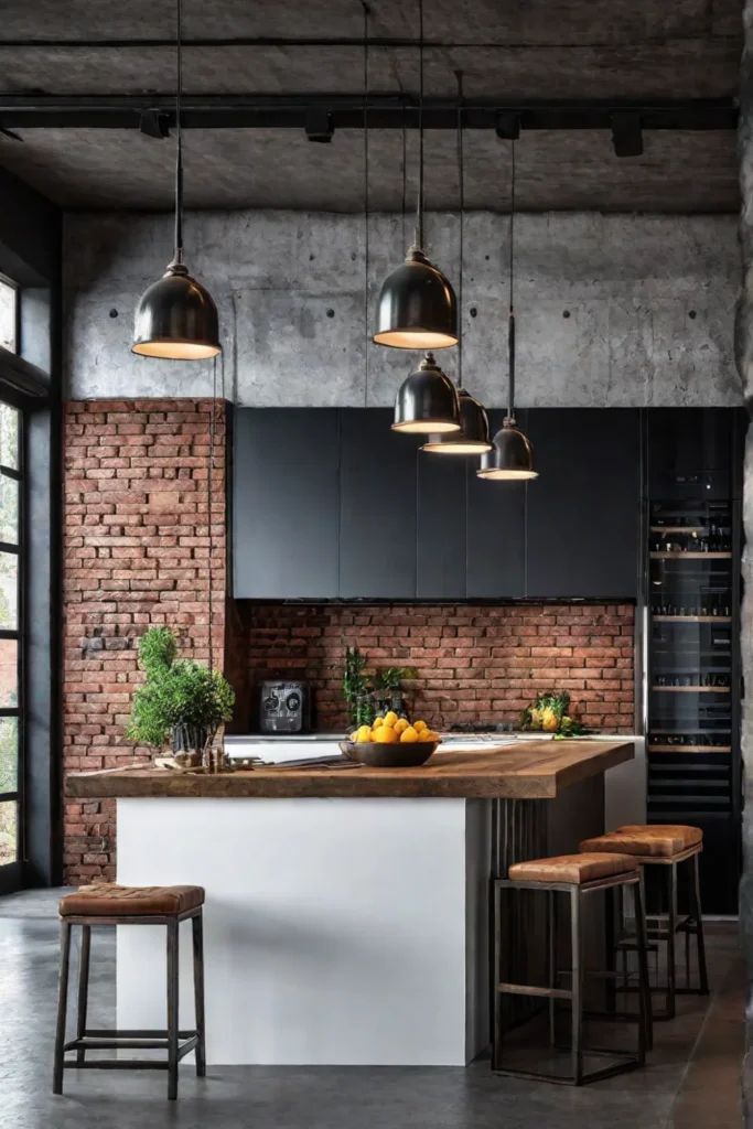 Industrial kitchen with concrete island and metal bar stools