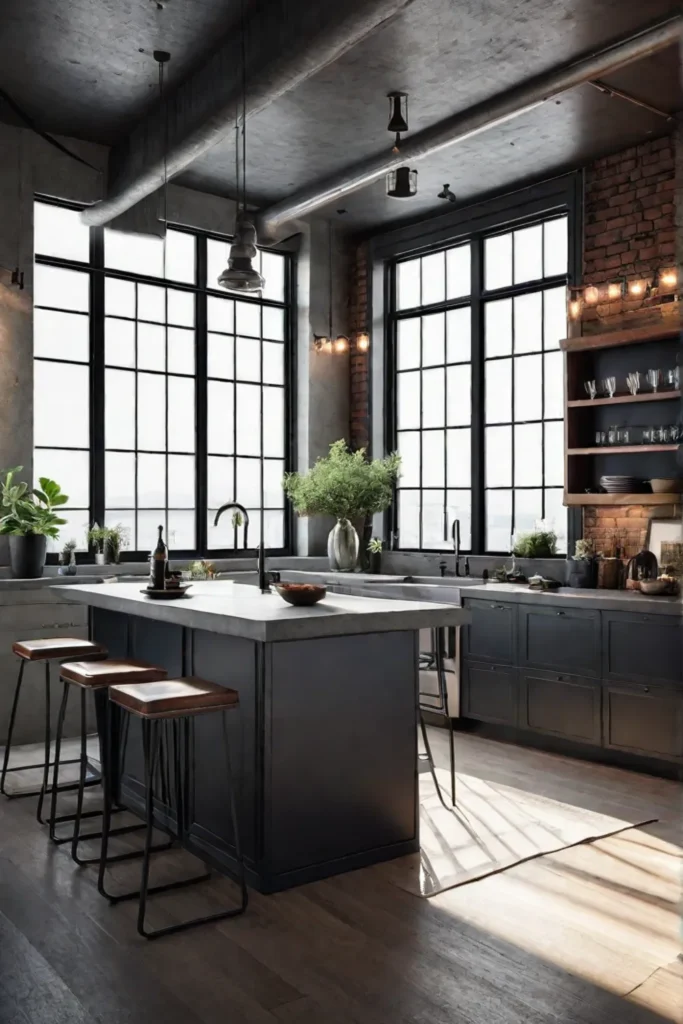 Industrial kitchen with exposed ductwork concrete countertops and metal bar stools