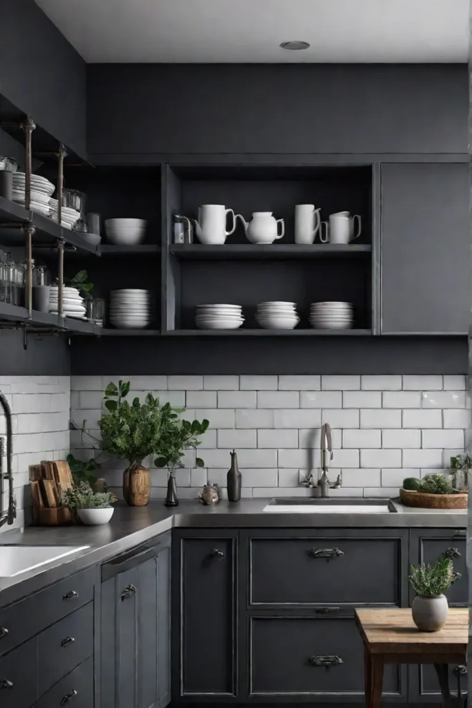 Industrial kitchen with gray cabinets open shelving and a concrete countertop