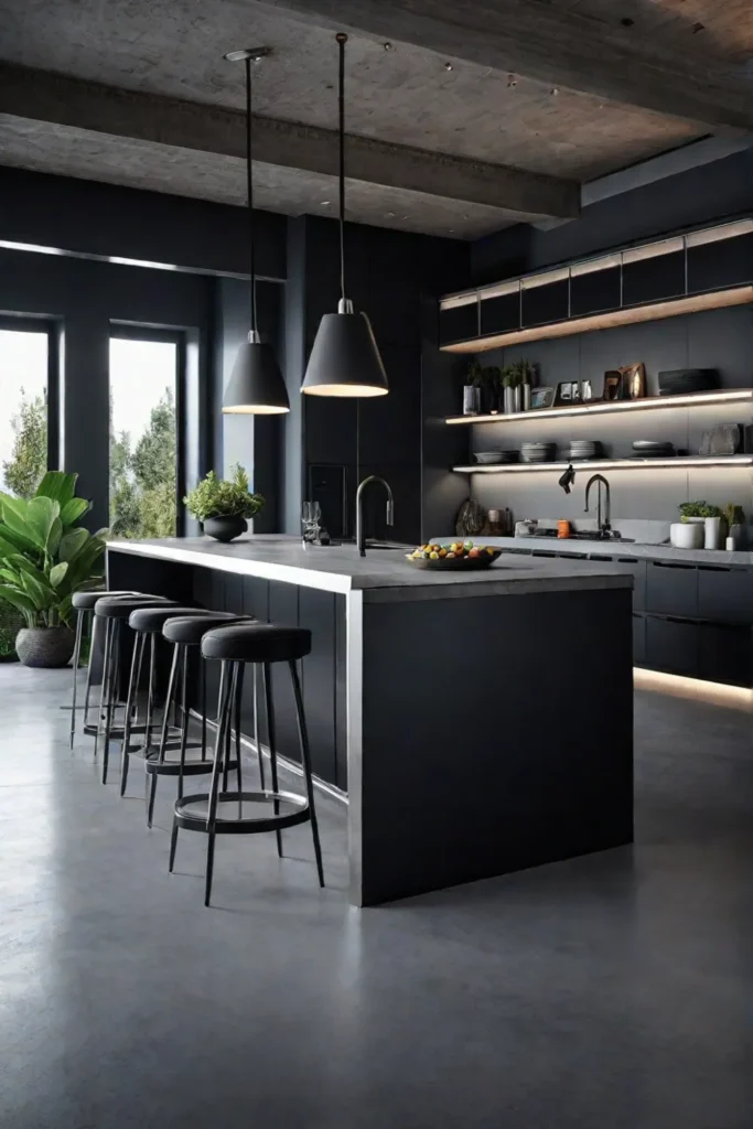 Industrial kitchen with light grey concrete countertops