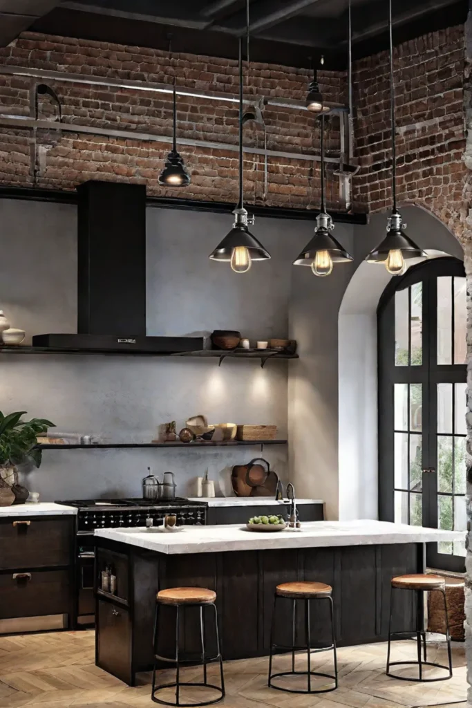 Industrial kitchen with track and pendant lighting