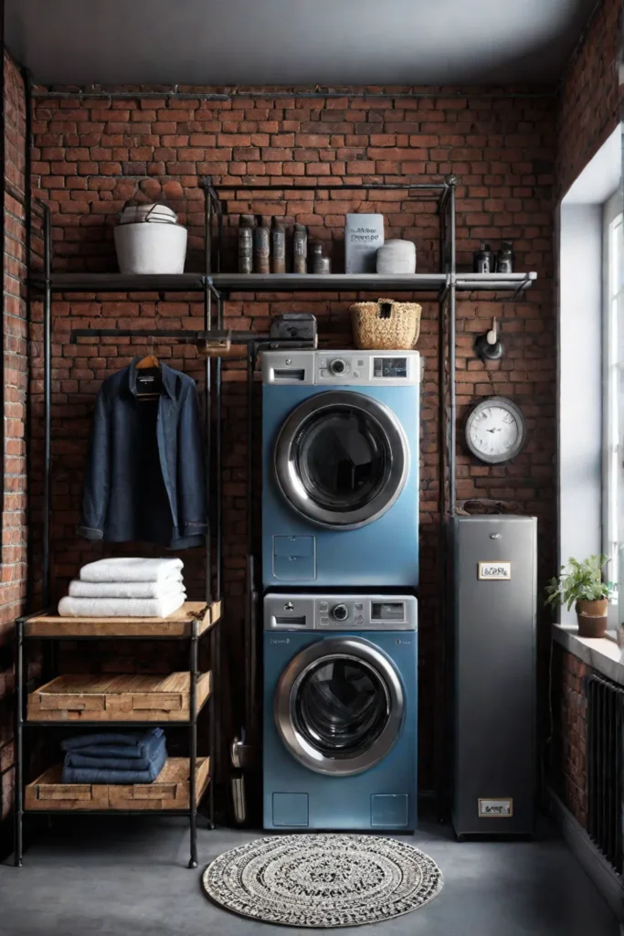 Industrial laundry room with exposed brick