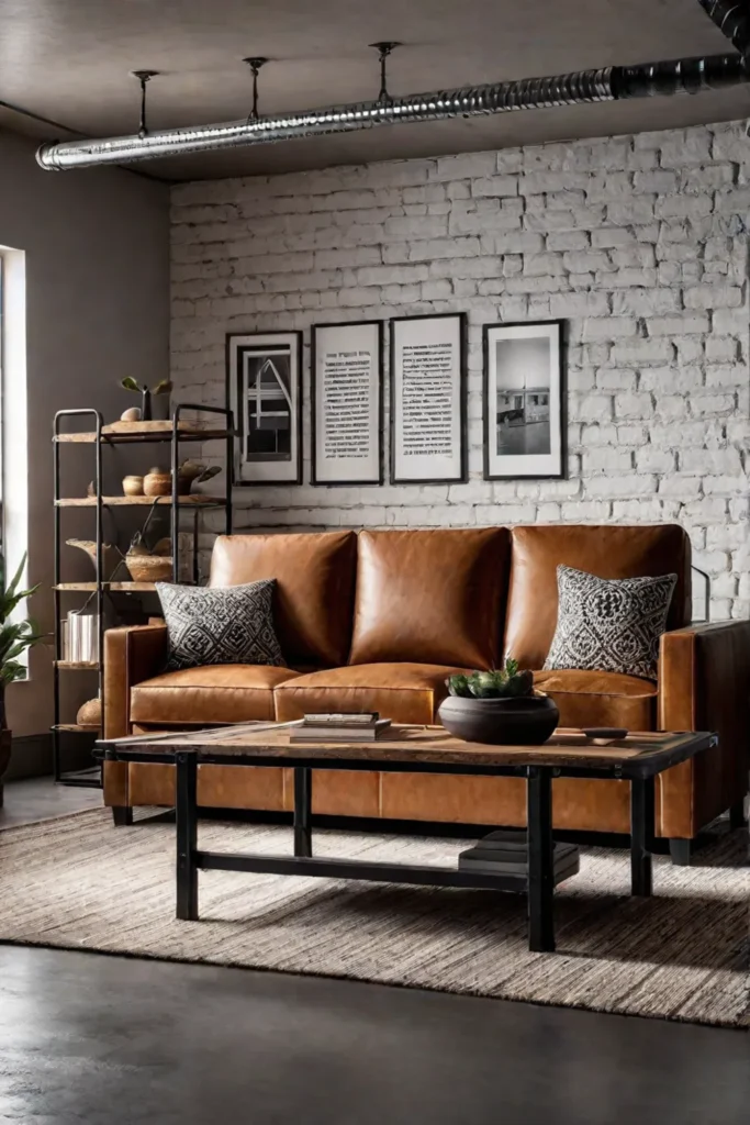 Industrial living room with exposed brick leather sofa and metal accents