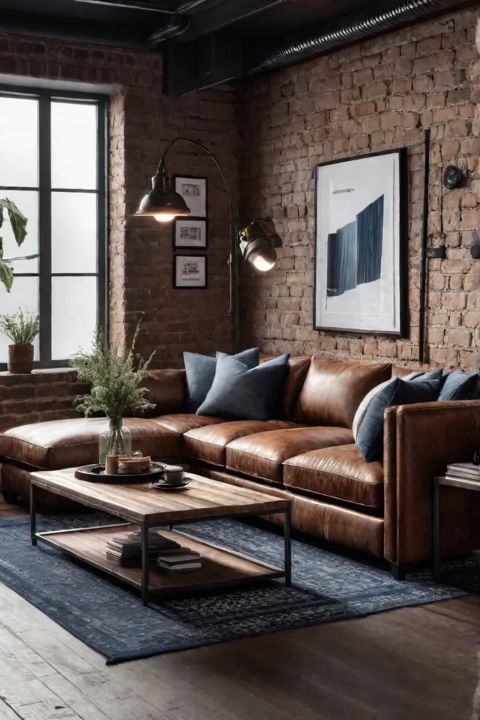 Industrial living room with leather sectional sofa