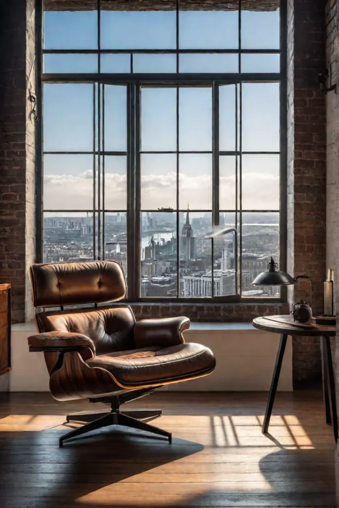 Industrial reading nook with leather armchair