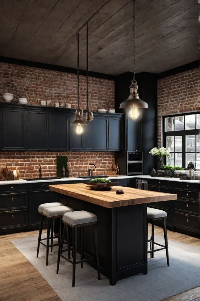 Industrial kitchen featuring exposed brick and Edison bulb pendants for a warm and rugged look