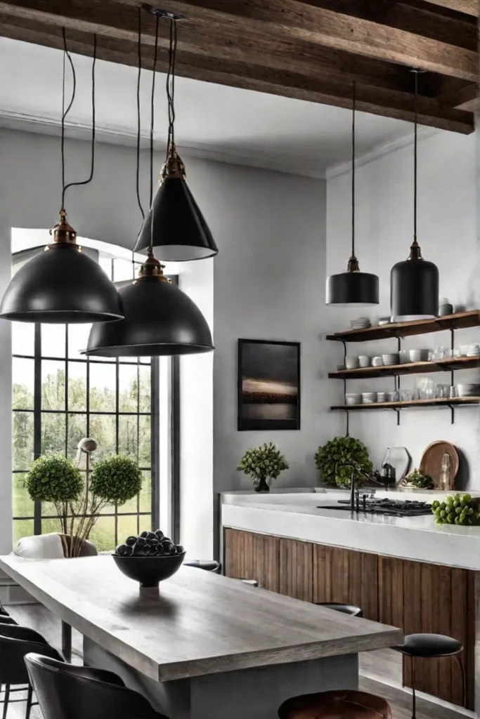 Industrial kitchen with exposed bulb pendant lights