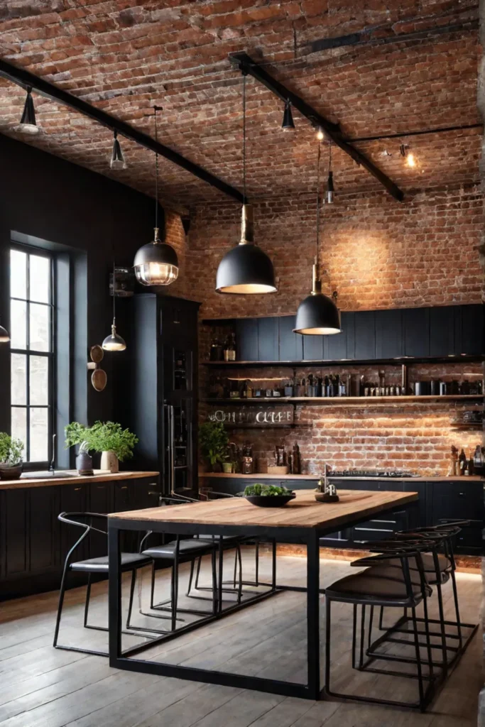 Industrial kitchen with metallic pendant lighting