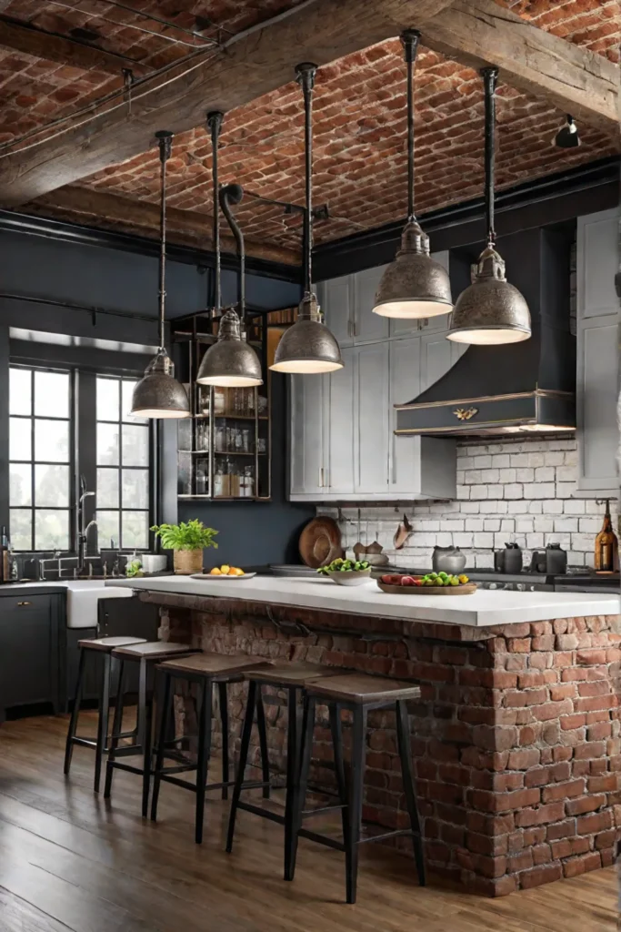 Industrial kitchen with track lighting and pendant lights emphasizing the urban aesthetic