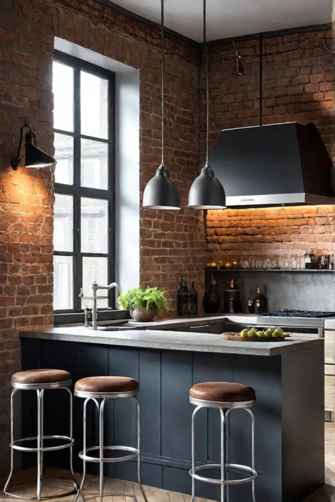 Industrialstyle kitchen with concrete countertops and exposed brick
