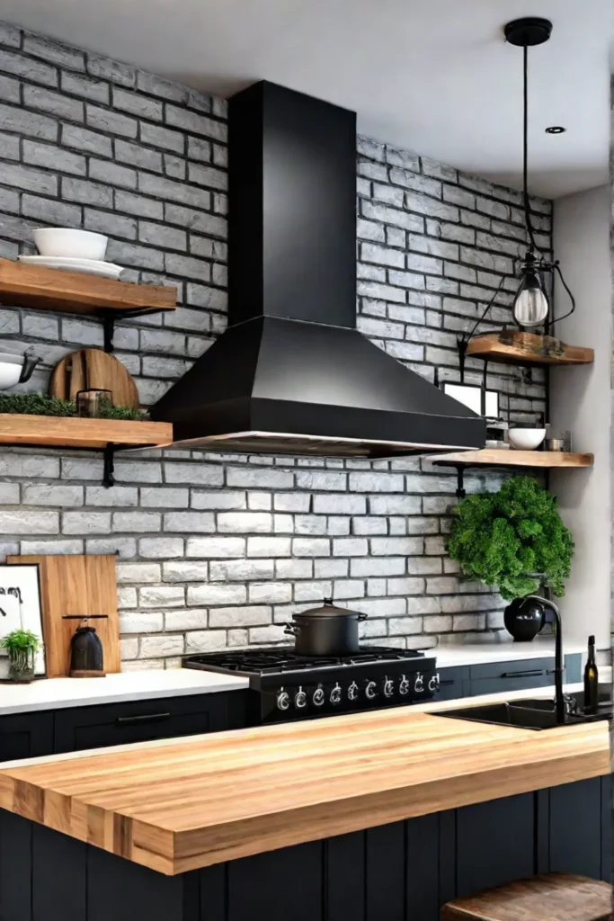Industrialstyle kitchen with hanging pot rack and wooden shelves