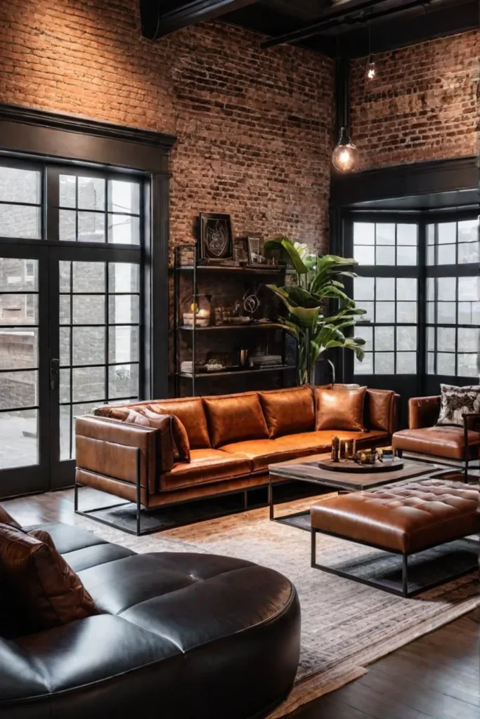 Industrialstyle living room with exposed brick and metal accents featuring leather armchairs