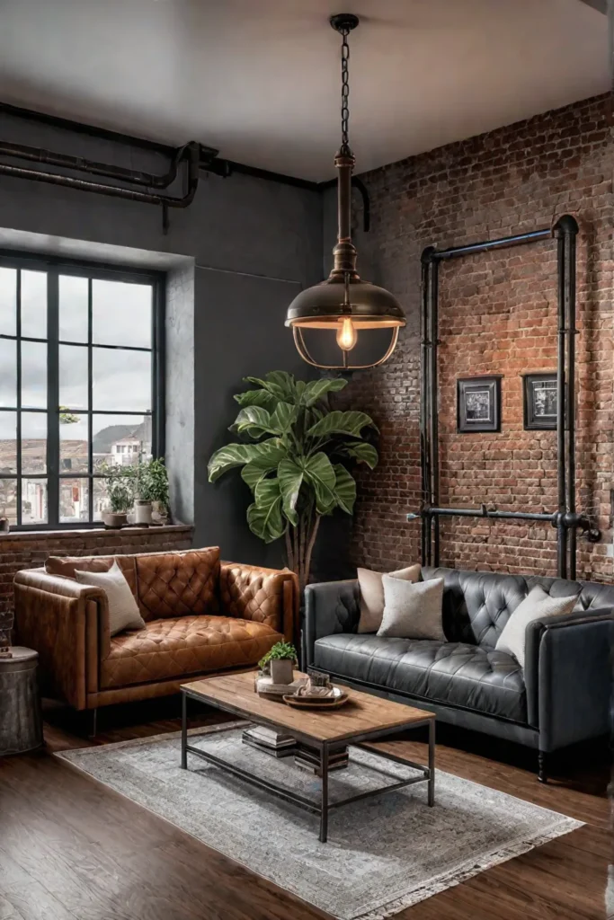 Industrialstyle living room with thrifted leather furniture