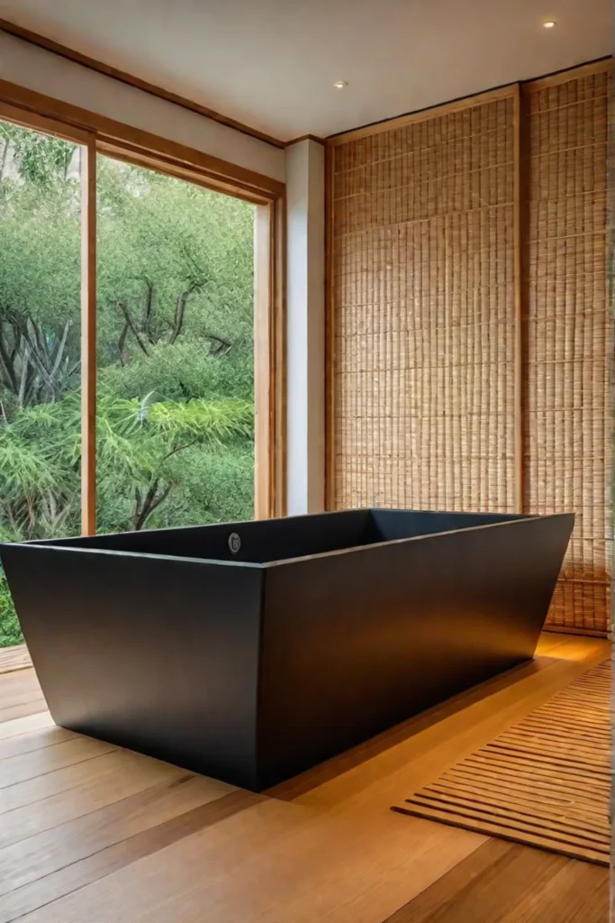Japaneseinspired bathroom with soaking tub and bamboo accents