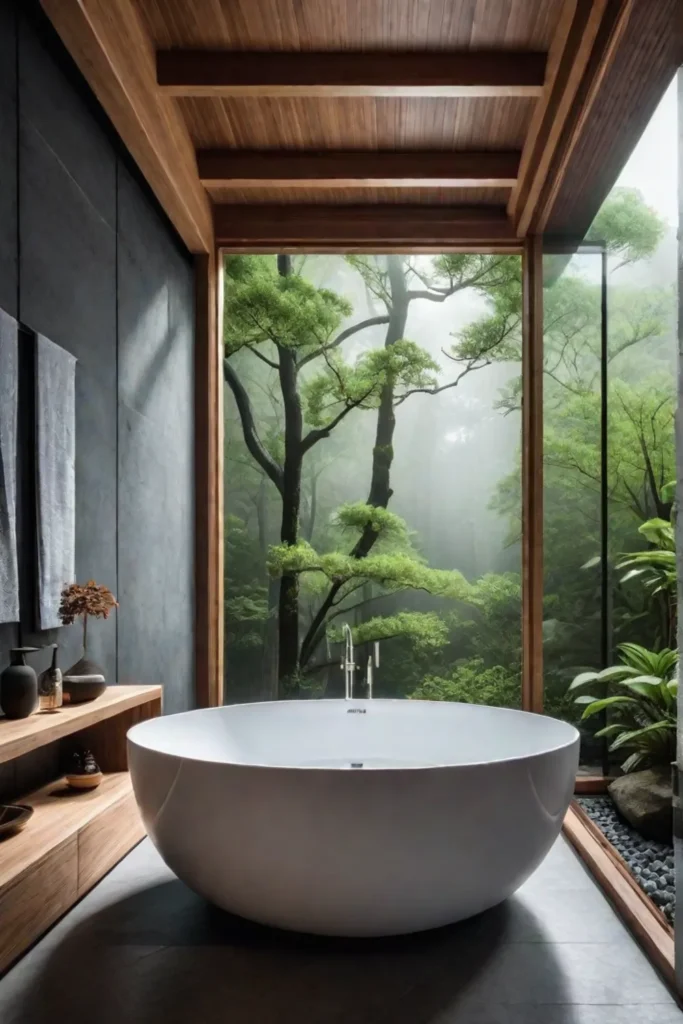 Japaneseinspired bathroom with soaking tub and wooden accents